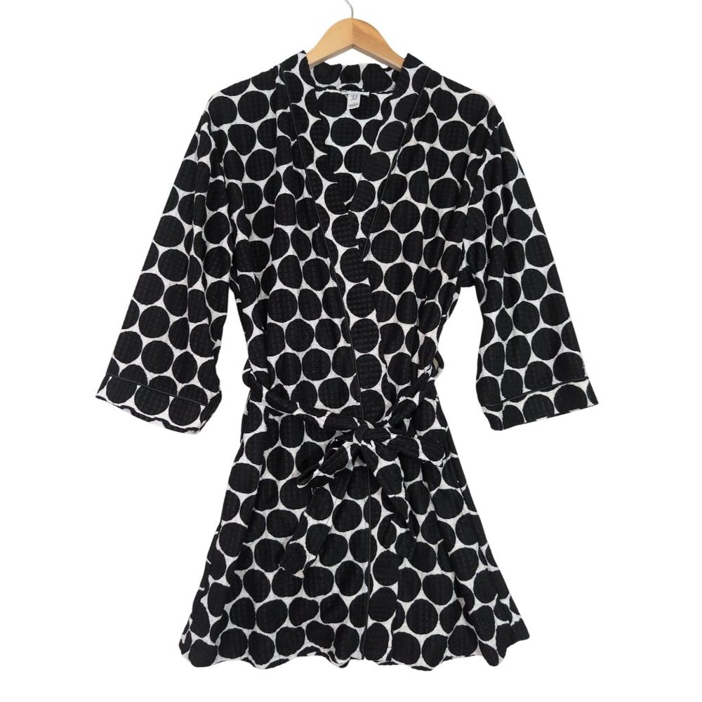 New Directions Bath Robe Womens L Black White Polka Dot Tie Waist Short Pockets